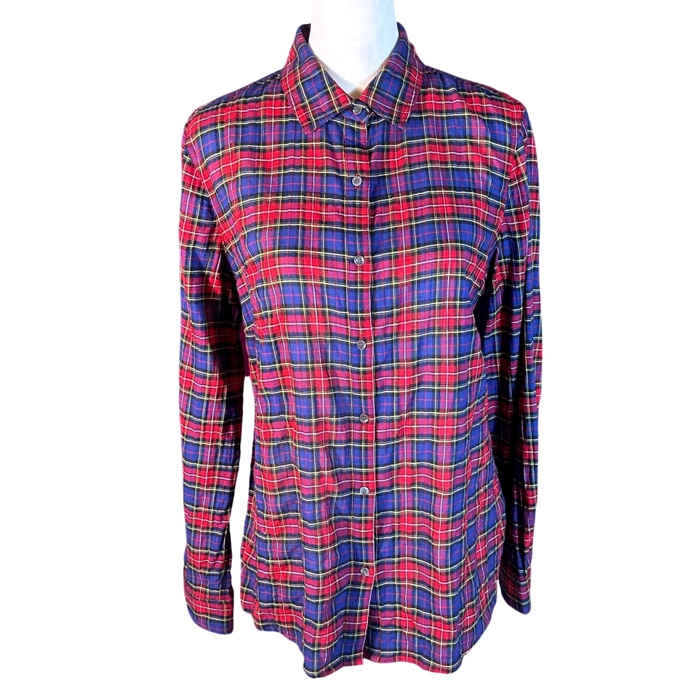 J.McLaughlin Button Down Shirt Women Size M Red Blue Plaid Long Sleeve Stretch